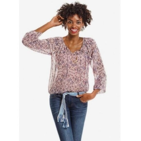CAbi Sienna 5028 Peasant Blouse Floral Chiffon Relaxed Fit Tan Pink Size Small - Picture 1 of 6